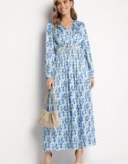 belcci Rochie Satinată Maxi Albastră-Albă Decorată cu Model Paisley cu Elastic în Talie Wirlena