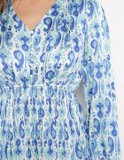 belcci Rochie Satinată Maxi Albastră-Albă Decorată cu Model Paisley cu Elastic în Talie Wirlena