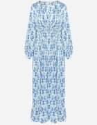 belcci Rochie Satinată Maxi Albastră-Albă Decorată cu Model Paisley cu Elastic în Talie Wirlena