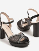 besty Sandale Negre cu Toc Gros cu Sclipici și Curea Transparentă Ulidiva