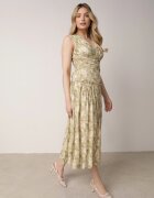 bisou's project Rochie Evazată Verde-Bej cu Elastic în Talie cu Bretele Groase Ketta