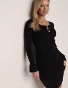 bibous project Rochie neagră tip pulover mulată din viscoză cu volane și nasturi Nevinndra