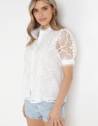 bisou's project Cămașă Albă Ajurată cu Mânecă Scurtă Emiliya