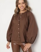 bisou's project Cămașă Maro Încrețită De bumbac în stil Retro cu nasturi bijuterie Zenorae