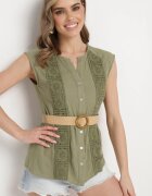 bisou's project Cămașă verde închis din bumbac cu broderie decorativă și curea închisă cu nasturi Kanesara