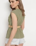 bisou's project Cămașă verde închis din bumbac cu broderie decorativă și curea închisă cu nasturi Kanesara