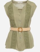 bisou's project Cămașă verde închis din bumbac cu broderie decorativă și curea închisă cu nasturi Kanesara