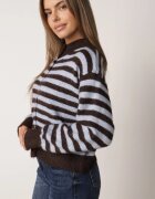 bisou's project Cardigan clasic cu dungi cu amestec de lână închis cu nasturi Migdalle Maro