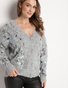 bisou's project Cardigan Gri deschis cu amestec de lână Decorat cu paiete și broderie florală Issadel