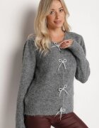 bisou's project Cardigan Gri închis deschis din lână decorat cu zirconii și fundițe Izalaira