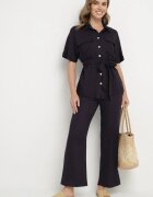 bisou's project Compleu Bleumarin cu Viscoză In Cămașă cu Centură și Pantaloni Largi Galorisa