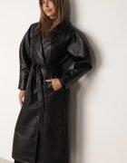bisou's project Palton de tranziție din imitație de piele cu rând dublu și curea în stil retro înfășurat Negru