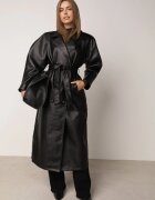 bisou's project Palton de tranziție din imitație de piele cu rând dublu și curea în stil retro înfășurat Negru