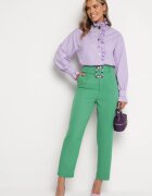 bisou's project Pantaloni eleganți verzi cigaretă cu talie înaltă și curea cu cataramă Consttina