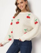 bisou's project Pulover Bej deschis cu Aplicații de Cireșe cu o croială clasică Dintinnia