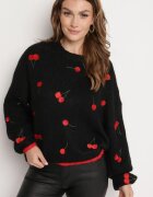 bisou's project Pulover Negru cu Amestec de Lână cu Model de Cireșe Sintovia