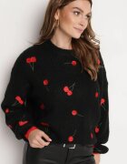 bisou's project Pulover Negru cu Amestec de Lână cu Model de Cireșe Sintovia