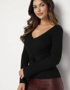 bisou's project Pulover Negru din Material Reiat cu Adaos de Viscoză cu Centură Decorativă și Floare Clendra
