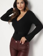 bisou's project Pulover Negru din Material Reiat cu Adaos de Viscoză cu Centură Decorativă și Floare Clendra