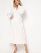 bisou's project Rochie Albă de Bumbac cu Accente din Dantelă cu Elastic în Talie și Curea din Material Jariena