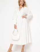 bisou's project Rochie Albă de Bumbac cu Accente din Dantelă cu Elastic în Talie și Curea din Material Jariena