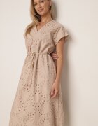 bisou's project Rochie Bej din Bumbac Brodată cu Mânecă Scurtă și Cordon din Material Dimisha