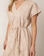 bisou's project Rochie Bej din Bumbac Brodată cu Mânecă Scurtă și Cordon din Material Dimisha