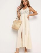 bisou's project Rochie Bej din Vâscoză în Stil Boho cu Legătură la Gât Risalinda