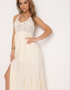 bisou's project Rochie Bej din Vâscoză în Stil Boho cu Legătură la Gât Risalinda