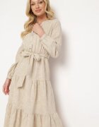 bisou's project Rochie bej evazată cu elastic și curea cu șnur în talie Javara