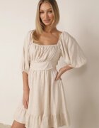 bisou's project Rochie Bej Evazată din Viscoză și In cu Elastic în Talie cu Volan și Căptușeală Vilemia
