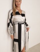 bisou's project Rochie Bej-Neagră Petrecută Kimono cu Model Geometric și Curea Legată Klerossa