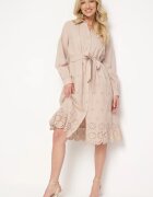 bisou's project Rochie Bej Tip cămașă din bumbac cu nasturi cu cordon din material și dantelă Uzilara