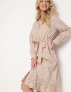 bisou's project Rochie Bej Tip cămașă din bumbac cu nasturi cu cordon din material și dantelă Uzilara