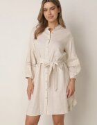 bisou's project Rochie bej tip cămașă încheiată cu nasturi cu curea în talie și mânecă decorativă Rigaudona