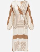 bisou's project Rochie Bej tip plic Kimono cu Model Geometric și Curea Legată Klerossa