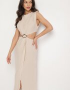 bisou's project Rochie Bejă Cloș cu Decupaje în Talie cu Ornament Metalic Galetia