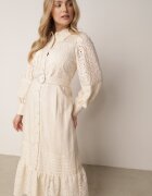 bisou's project Rochie Cămașă Bej din In și Viscoză cu Cordon Inclus cu Broderie Ajurată Eleces