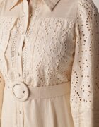 bisou's project Rochie Cămașă Bej din In și Viscoză cu Cordon Inclus cu Broderie Ajurată Eleces