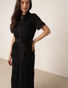bisou's project Rochie Cămașă Neagră cu Nasturi cu Model Ajurat Legată cu Cordon Klarevia