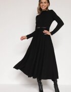 bisou's project Rochie Cloche Neagră din Tricot cu Vâscoză cu Mânecă Lungă și Curea Tusmina