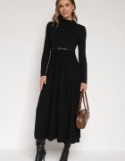 bisou's project Rochie Cloche Neagră din Tricot cu Vâscoză cu Mânecă Lungă și Curea Tusmina