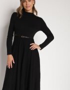 bisou's project Rochie Cloche Neagră din Tricot cu Vâscoză cu Mânecă Lungă și Curea Tusmina