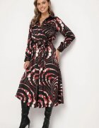 bisou's project Rochie Cloș Negru-Roșie cu Croială Tip Cămașă cu Elastic în Talie cu Imprimeu Abstract Daltinnia