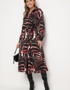bisou's project Rochie Cloș Negru-Roșie cu Croială Tip Cămașă cu Elastic în Talie cu Imprimeu Abstract Daltinnia