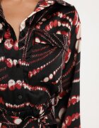 bisou's project Rochie Cloș Negru-Roșie cu Croială Tip Cămașă cu Elastic în Talie cu Imprimeu Abstract Daltinnia