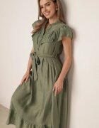 bisou's project Rochie Cloș Verde cu viscoză ornată cu volane încheiată cu nasturi cu curea suplimentară din material Ganesia