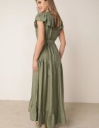 bisou's project Rochie Cloș Verde cu viscoză ornată cu volane încheiată cu nasturi cu curea suplimentară din material Ganesia