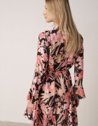 bisou's project Rochie Czarno-Roz din Viscoză Cloș cu Imprimeu Floral cu Cordon Sinthea