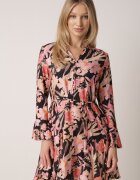 bisou's project Rochie Czarno-Roz din Viscoză Cloș cu Imprimeu Floral cu Cordon Sinthea